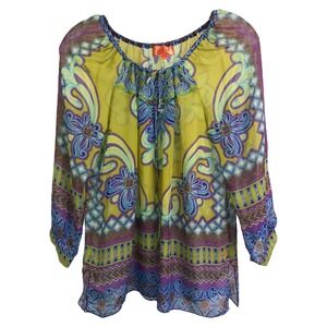 Hale Bob Women's Cabana Blouse Silk Bell Sleeve Boho Festival Green Floral XS